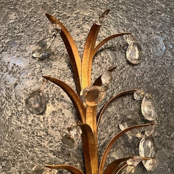 Vintage Hollywood Regency 18” Sconce Crystal Glass Prism Tole Metal - Gold Gilt - Picture 11 of 14